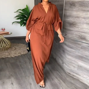 Elegant high-waist v-neck midi dress with long sleeves and drawstring waist in rust brown