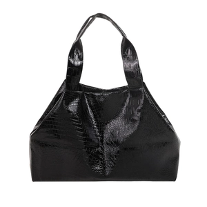 Minimalist black glossy crocodile pattern tote bag with polished finish and top handles