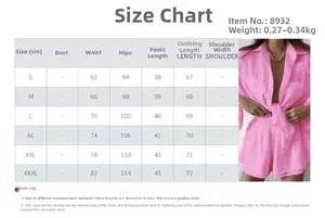 Detailed size chart for women's ruffle shirt and shorts set showing cm measurements