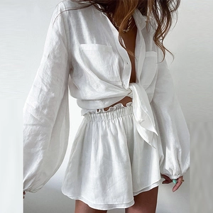 Women's white linen shirt and high-waist shorts two-piece set for summer casual wear