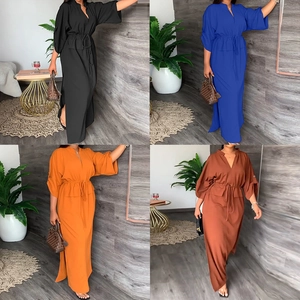 Abito lungo da donna con scollo a V, maniche a lanterna e spacchi in quattro colori