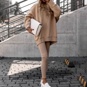 Women Casual Solid Color Crew Neck Oversized Sweatshirt And Long Pants Two Piece Set Top And Bottom For Daily Wear