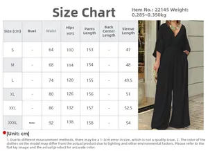 Detailed size chart for the black V-neck wide leg jumpsuit with model reference