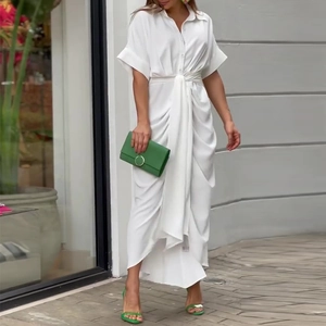 Robe Chemise Femme Élégante Col en V Couleur Unie Manches Courtes Taille Haute Ceinture Casual Été Robe Maxi