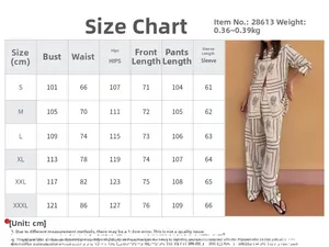 Detailed size chart for the women's casual printed shirt and pants two-piece set