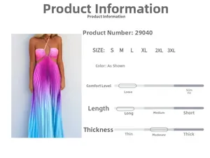 Detail view of a halter-neck gradient pleated maxi dress with size chart and specifications