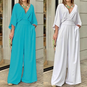 Women Elegant V-Neck Jumpsuit Polyester High Waist Wide Leg Long Pant Solid Color Short Sleeve Romper Daily Party Outfits