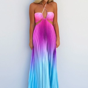 Halter neck pleated maxi dress with pink to blue gradient effect and front cutout