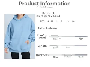 Detail view of light blue oversized hoodie with front pocket and sizing chart data