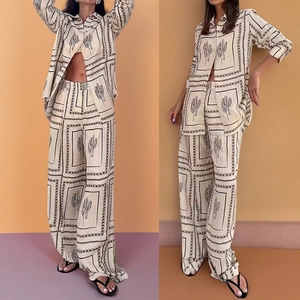 Women Top And Bottom Set Cactus Printed Long Sleeve Shirt And Wide Leg Pants Commuting Casual Polyester Outfit Beige