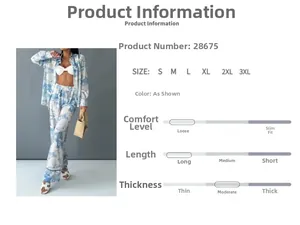 Detail view of Toile de Jouy print shirt and wide-leg pants set with size chart information
