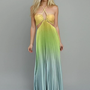 Gradient halter neck pleated maxi dress with waist cut-outs and colorful chiffon finish