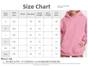 Detailed size chart for women's oversized pink hoodie with chest and length measurements