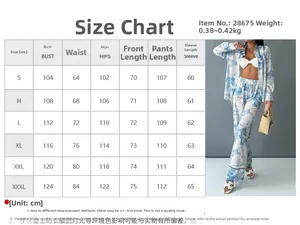 Size chart for women's graffiti print long sleeve shirt and trousers fashion set in CM