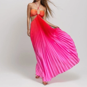 Women Gradient Pleated Halter Maxi Dress Sexy Cutout Sleeveless High Waist Elegant Vacation Long A-Line Summer Dress