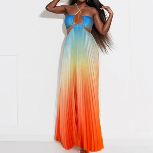 Gradient pleated halter maxi dress with waist cut-outs for vibrant resort style fashion