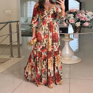 Elegante Abito Maxi Floreale con Scollo a V e Maniche a Lanterna Boho Vita Alta a Balze Abito Lungo Ampio per Donna