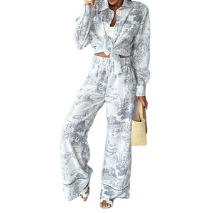 Women's vintage print long sleeve tie-front shirt and high waist wide leg pants set