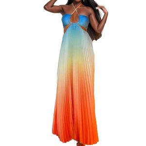 Gradient halter neck pleated maxi dress with waist cutouts in blue, yellow and orange colors