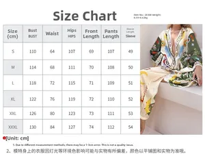Size chart table for women's long sleeve printed shirt and trousers set with measurements