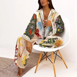 Women's Bohemian Mystical Print Two Piece Set Loose Long Sleeve Button Down Shirt And High Waist Wide Leg Pants Casual Suit