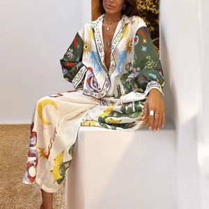 Women's two-piece printed lounge set featuring vintage celestial patterns and loose fit