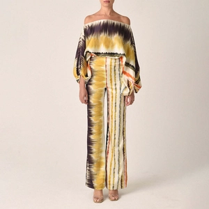 Bohemian off-shoulder batwing top and high-waist wide-leg pants set with tie-dye print