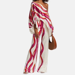 Women Elegant Off-Shoulder Batwing Sleeve Wide-Leg Pants Outfit Abstract Floral Print Satin-Look Loose Top And Trousers Suit