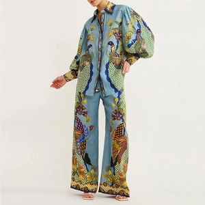 Women's 2-piece vibrant floral peacock print set with lantern sleeves and wide-leg pants