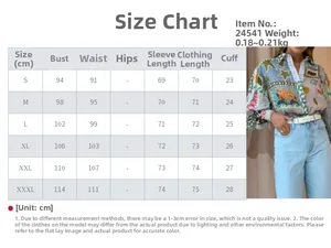 Detailed size chart for women's printed lapel blouse with sleeve and bust measurements