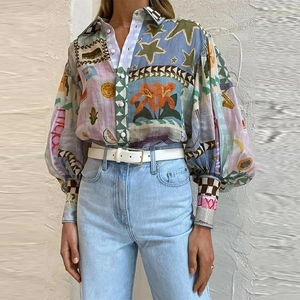 Bohemian patchwork print long sleeve shirt with lapel and vintage patterns for women