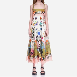 Sleeveless artistic print maxi dress with spaghetti straps and off-shoulder floral style