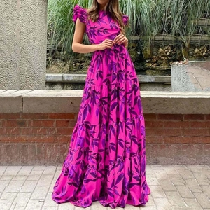 Vestito Maxi Boho con Stampa Foglia per Donna Vita Alta Manica a Farfalla Gonna a Balze Elegante Abito da Vacanza Estivo
