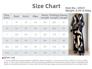 Size chart for floral cardigan and pants set showing measurements from S to XXXL