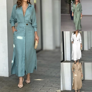 Elegante vestido camisero de lino con manga larga, lazo en cintura y abertura lateral