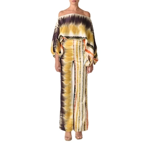 Elegant women's two-piece set featuring ikat print top and matching wide leg pants
