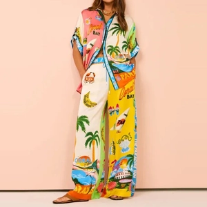 Women Tropical Print Summer Outfit Short Sleeve Button Shirt And High Waist Wide Leg Pants Floral Vacation Clothes
