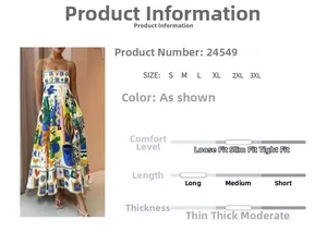 Detail view of colorful graffiti print and high waist cut on long sleeveless dress