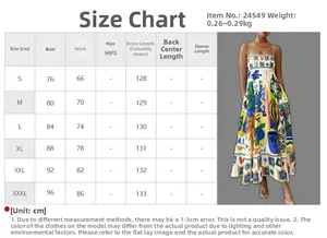 Size guide table for high waist graffiti print maxi dress showing bust and waist measurements