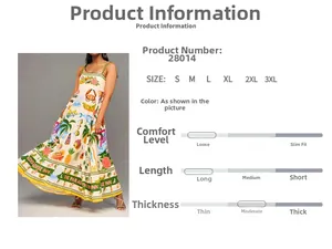 Detail view of graffiti print maxi dress with tropical patterns and size chart S-3XL
