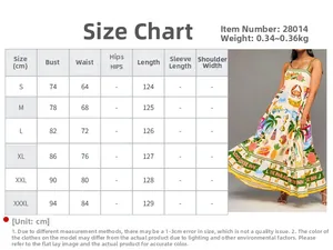 Detailed size chart for elegant floral print high waist maxi dress in sizes S to XXXL