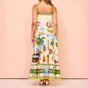 Detail of elegant back design on high waist floral maxi dress with tropical print