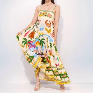 Women's summer A-line maxi dress with tropical graffiti print and slim spaghetti straps