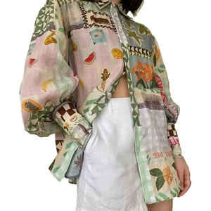 Women's casual lapel shirt with fruit print collage and lantern long sleeves