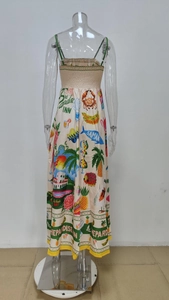 Detail of tropical printed dress featuring elastic smocked back and green spaghetti straps