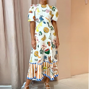 Robe Maxi Bohème pour Femme Imprimé Fruits Tropicaux et Homard Manches Bouffantes Col Rond Élégante Robe de Plage Vacances Été