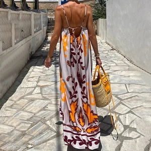 Back view of bohemian maxi dress featuring an open back and vibrant ethnic print