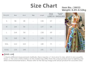 Guide des tailles pour robe longue à fleurs avec mesures de poitrine et de taille