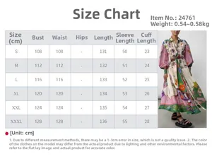 Tableau des tailles détaillé pour robe longue imprimée à manches lanternes du S au 3XL