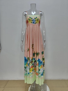 Close-up of tropical palm tree and beach print on lightweight maxi dress fabric